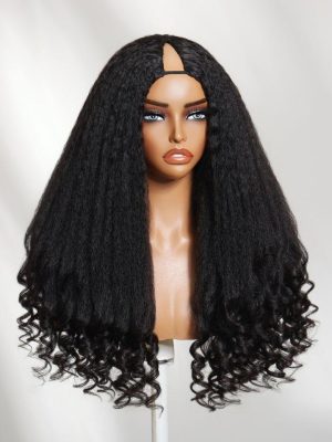 UNice InvisiBlend™ V part Natural Black Kinky Straight with Spiral Curly Ends Human Hair Wig for Beginner