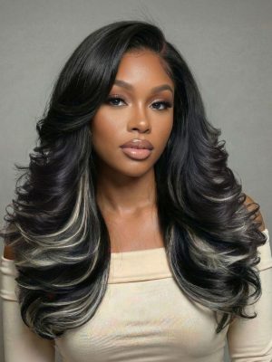 UNice Bye-Bye Slip™ 7x5 Lace Black & Ash Highlights on Black Hair Feathered Hairstyles 200% Density Wig with Side Bangs