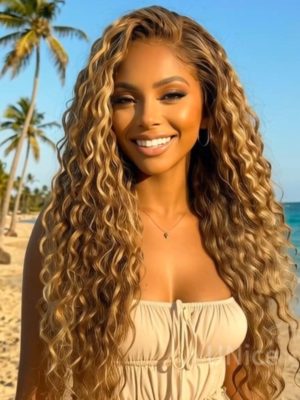 13x4 Bye Bye Slip™ Lace Frontal Bronde Color With Honey Blonde Highlights Water Wave Glueless Drawstring Wig